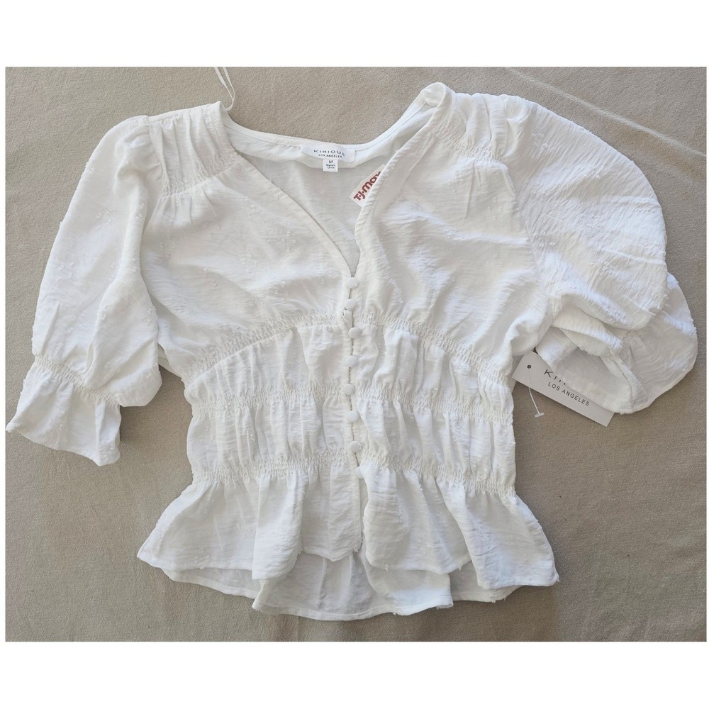 Kirious Los Angeles White Swiss Dot Smocked Waist Puff Sleeve Blouse‎ Womens M